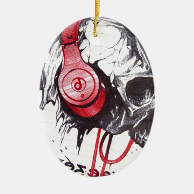Skull with Headphones Design Ceramic Ornament (Front)