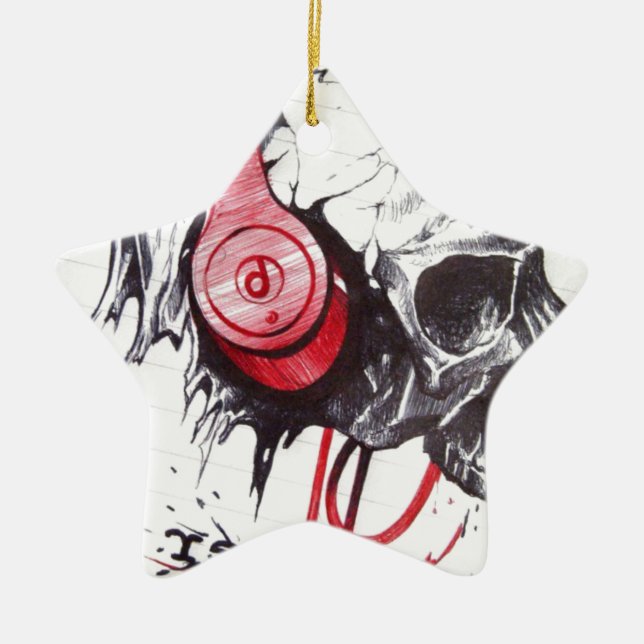 Skull with Headphones Design Ceramic Ornament (Front)