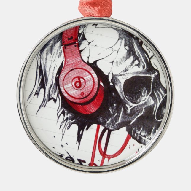 Skull with Headphones Design Metal Ornament (Front)