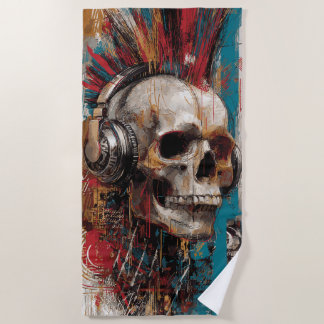 Skull with Headphones Punk Graffiti Art Design Beach Towel