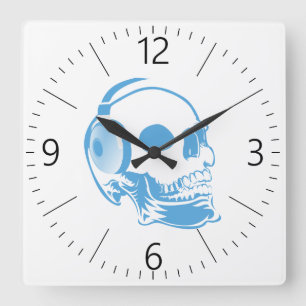 Skull with headphones square wall clock