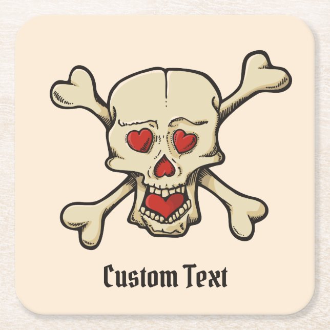 Skull with Hearts Square Paper Coaster (Front)