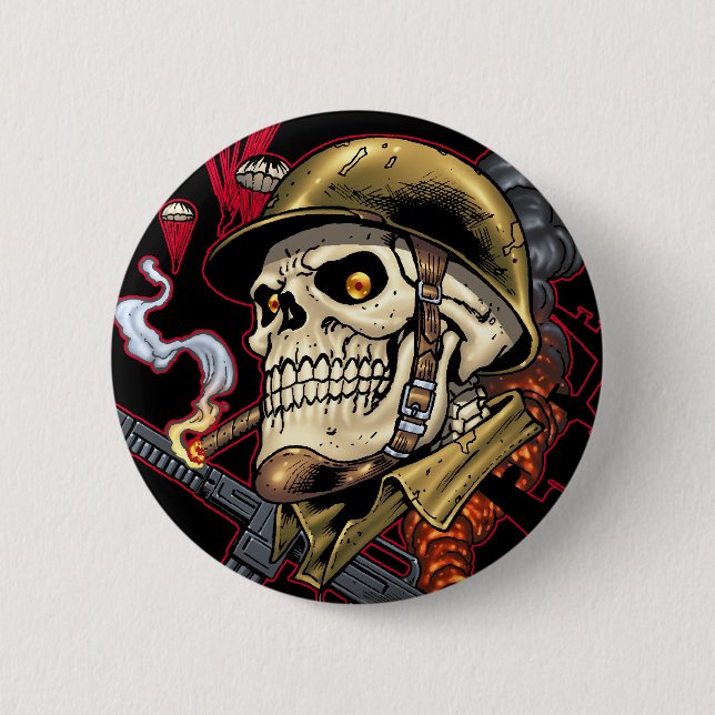 Skull with Helmet, Airplanes and Bombs 2 Inch Round Button (Front)