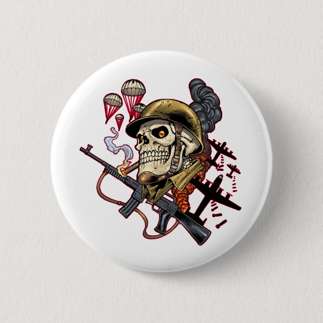 Skull with Helmet, Airplanes and Bombs 2 Inch Round Button (Front)