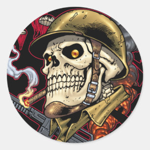 Skull with Helmet, Airplanes and Bombs Classic Round Sticker