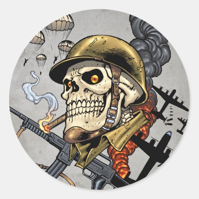 Skull with Helmet, Airplanes and Bombs Classic Round Sticker (Front)