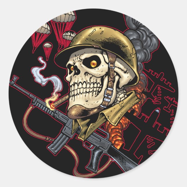 Skull with Helmet, Airplanes and Bombs Classic Round Sticker (Front)