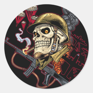 Skull with Helmet, Airplanes and Bombs Classic Round Sticker