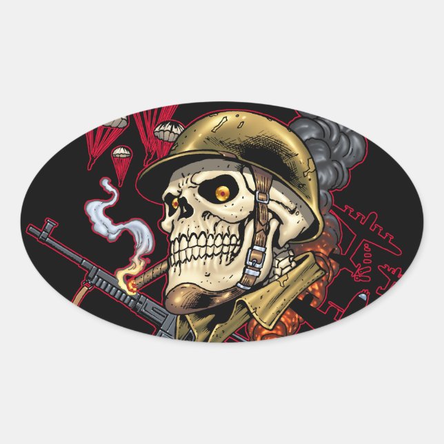 Skull with Helmet, Airplanes and Bombs Oval Sticker (Front)