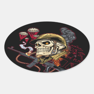 Skull with Helmet, Airplanes and Bombs Oval Sticker
