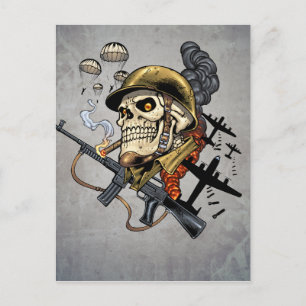 Skull with Helmet, Airplanes and Bombs Postcard