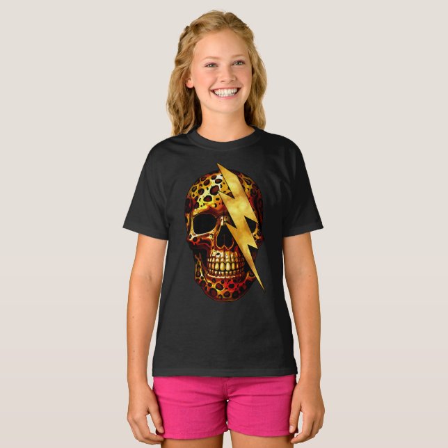 Skull with Leopard Print & Gold Spark T-Shirt (Front Full)