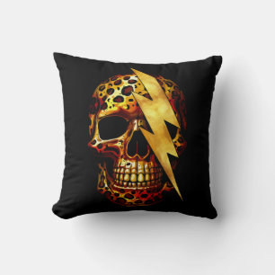 Skull with Leopard Print & Gold Spark Throw Pillow