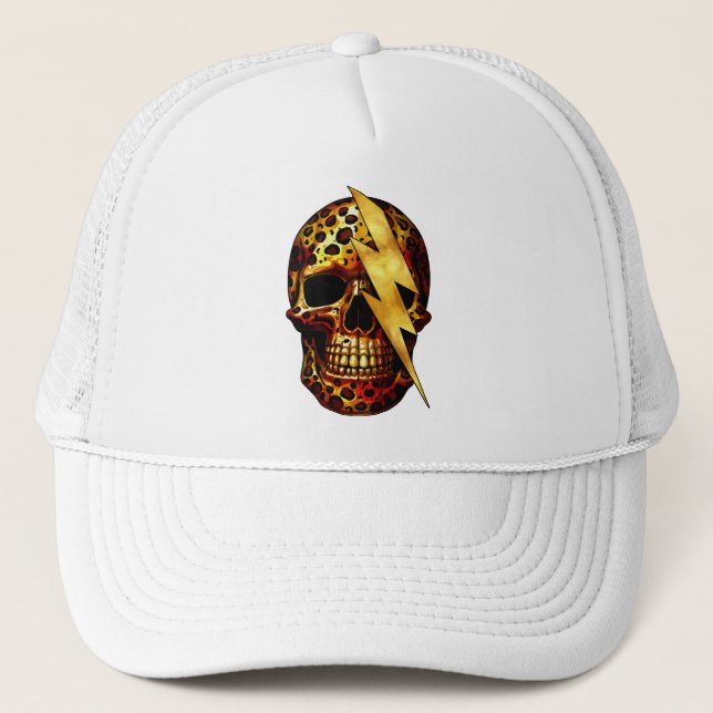 Skull with Leopard Print & Gold Spark Trucker Hat (Front)