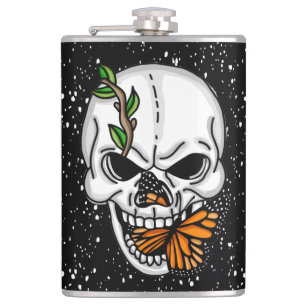 Skull with Monarch Butterflies Black Background Hip Flask