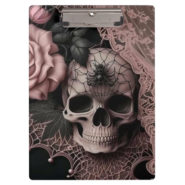 Skull with Pink Lace and Soft Pink Flower Clipboard (Front)