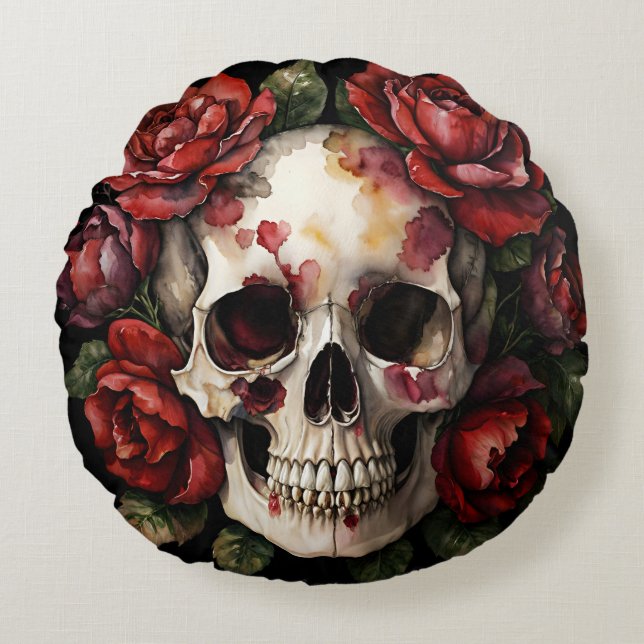 Skull With Red Roses Round Pillow (Front)