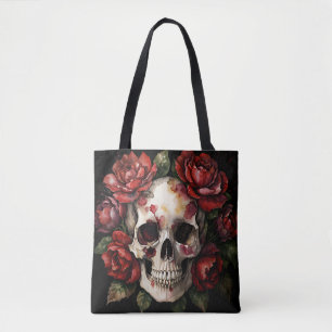 Skull With Red Roses Tote Bag