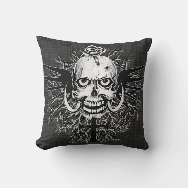 Skull With Rose, Horns, Cross, Wings Illustration Throw Pillow (Front)