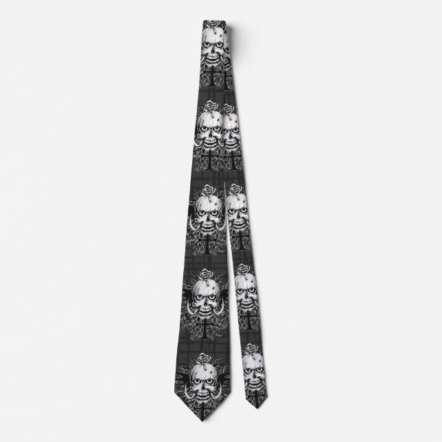 Skull With Rose, Horns, Cross, Wings Illustration Tie (Front)