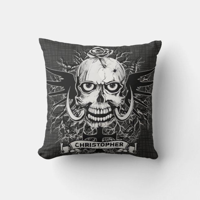 Skull With Rose, Horns, Cross, Wings Personalize Throw Pillow (Front)