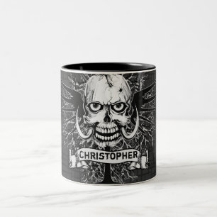 Skull With Rose, Horns, Cross, Wings Personalize Two-Tone Coffee Mug