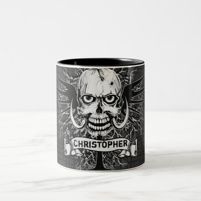 Skull With Rose, Horns, Cross, Wings Personalize Two-Tone Coffee Mug (Center)