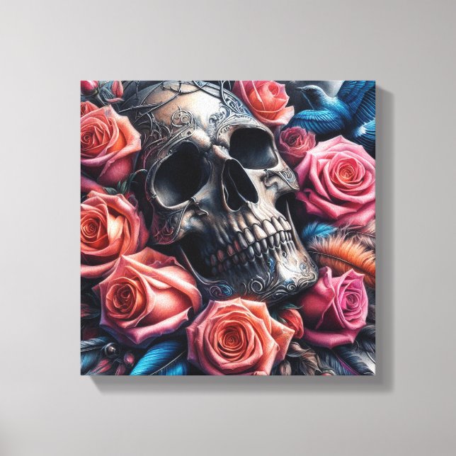 Skull with Roses and Bluebird Canvas Print (Front)