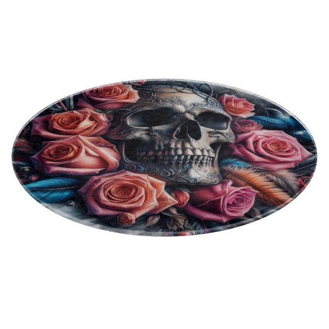 Skull with Roses and Bluebird Cutting Board (Corner)