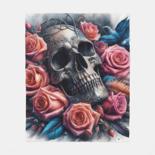 Skull with Roses and Bluebird Fleece Blanket