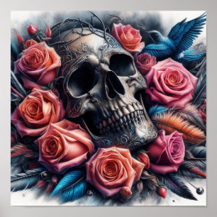 Skull with Roses and Bluebird Poster