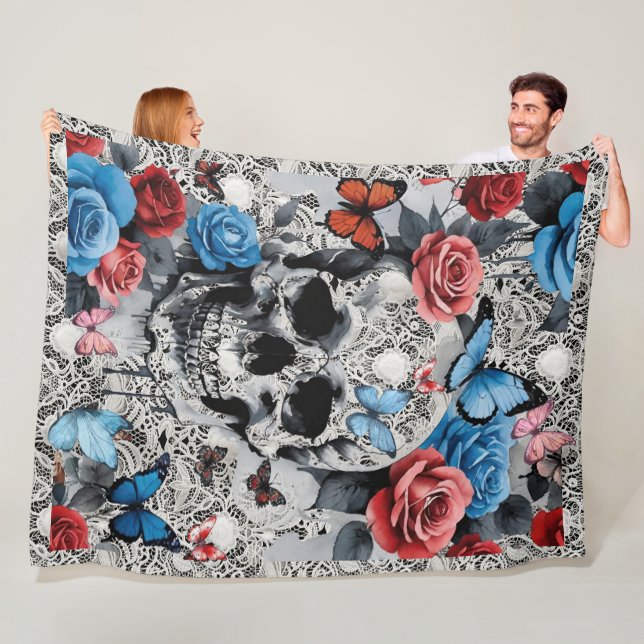 Skull with Roses and Butterflies Lace Background  Fleece Blanket (In Situ)