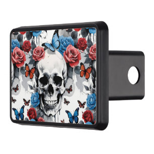 Skull with Roses and Butterflies Red and Blue Trailer Hitch Cover