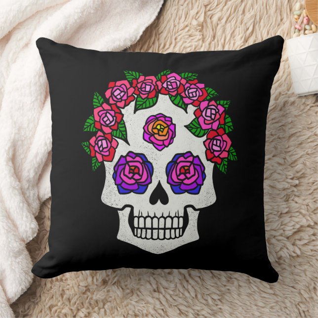 Skull with Roses Halloween Throw Pillow (Blanket)