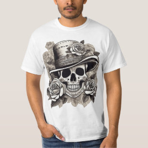 Skull with Roses in Hat – Gothic Floral Art T-Shirt