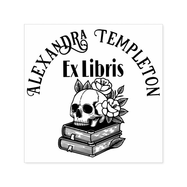 Skull with Roses on Books #4PS with Ex Libris Name Self-inking Stamp (Design)