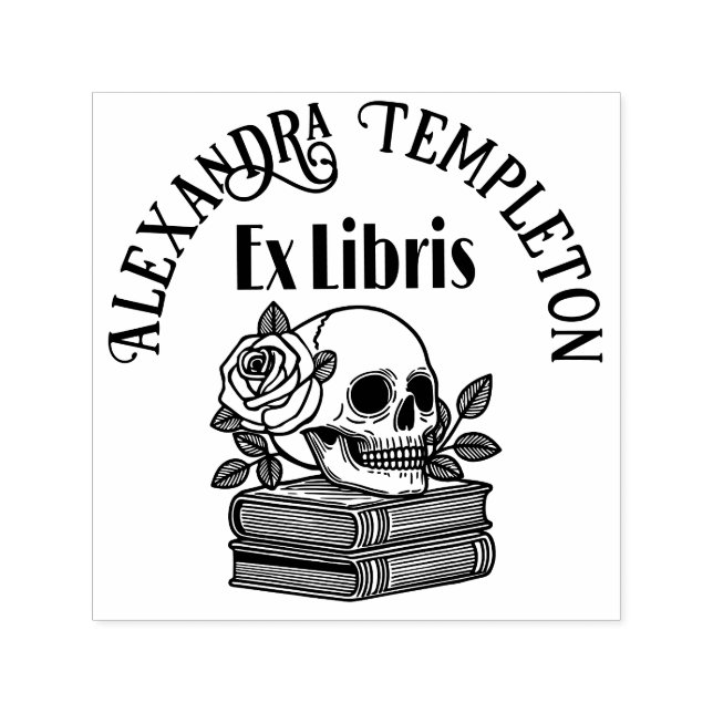 Skull with Roses on Books #5PS with Ex Libris Name Self-inking Stamp (Design)