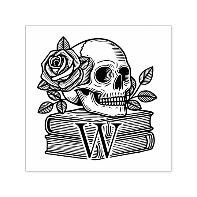 Skull with Roses on Books #6PS Initial Monogram Self-inking Stamp (Design)