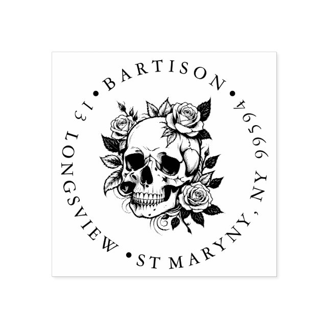 Skull with roses Wooden ADDRESS RUBBER STAMP (Imprint)