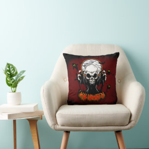 Skull with sharp, menacing teeth throw pillow