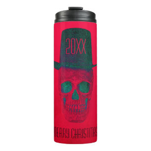 Skull With Top Hat Red Green Halloween Christmas Thermal Tumbler