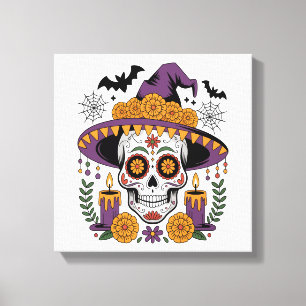 Skull with Witch Hat Halloween Vector Canvas Print