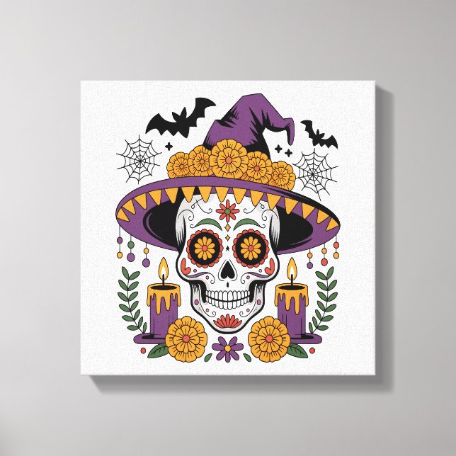 Skull with Witch Hat Halloween Vector Canvas Print (Front)