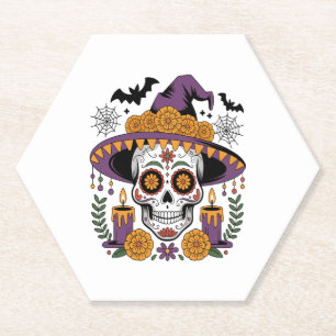 Skull with Witch Hat Halloween Vector Paper Coaster