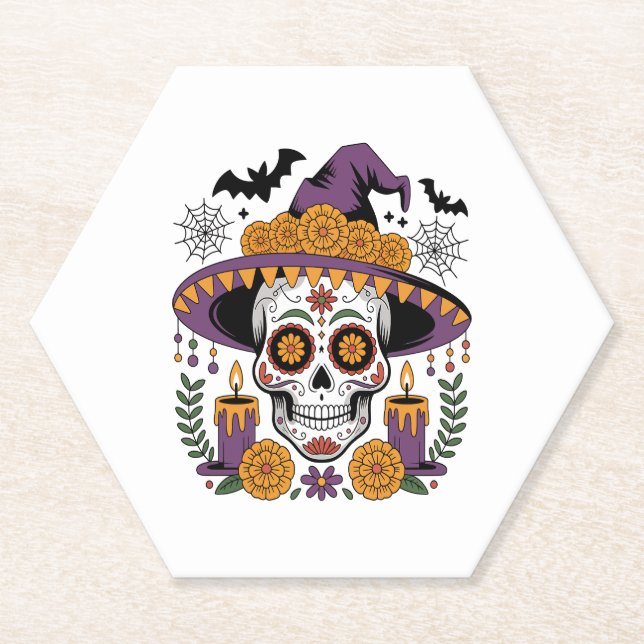 Skull with Witch Hat Halloween Vector Paper Coaster (Front)