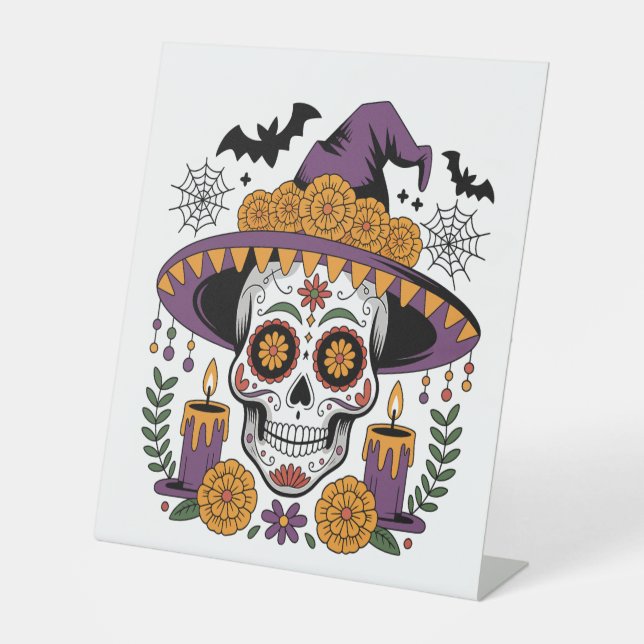 Skull with Witch Hat Halloween Vector Pedestal Sign (Front)