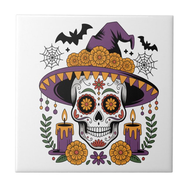 Skull with Witch Hat Halloween Vector Tile (Front)