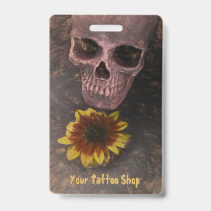 Skull Yellow Sunflower Gothic Vintage Sepia Sketch Badge