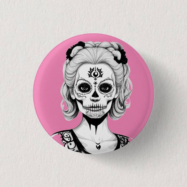 SKULLHEAD WOMAN  1 INCH ROUND BUTTON (Front)