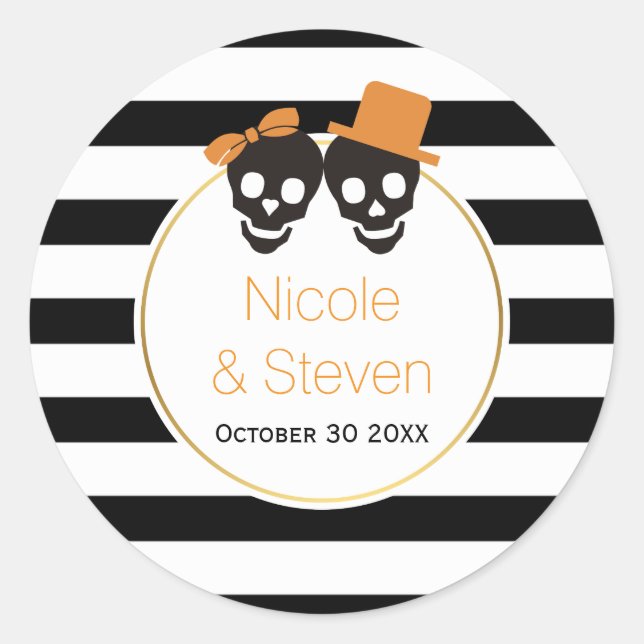 Skulls and black white stripes Halloween wedding Classic Round Sticker (Front)